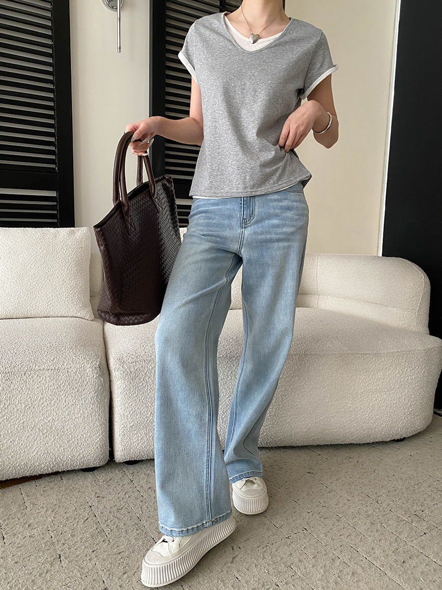 V-Neck Fake Layered Bi-Color Tee — BL1016