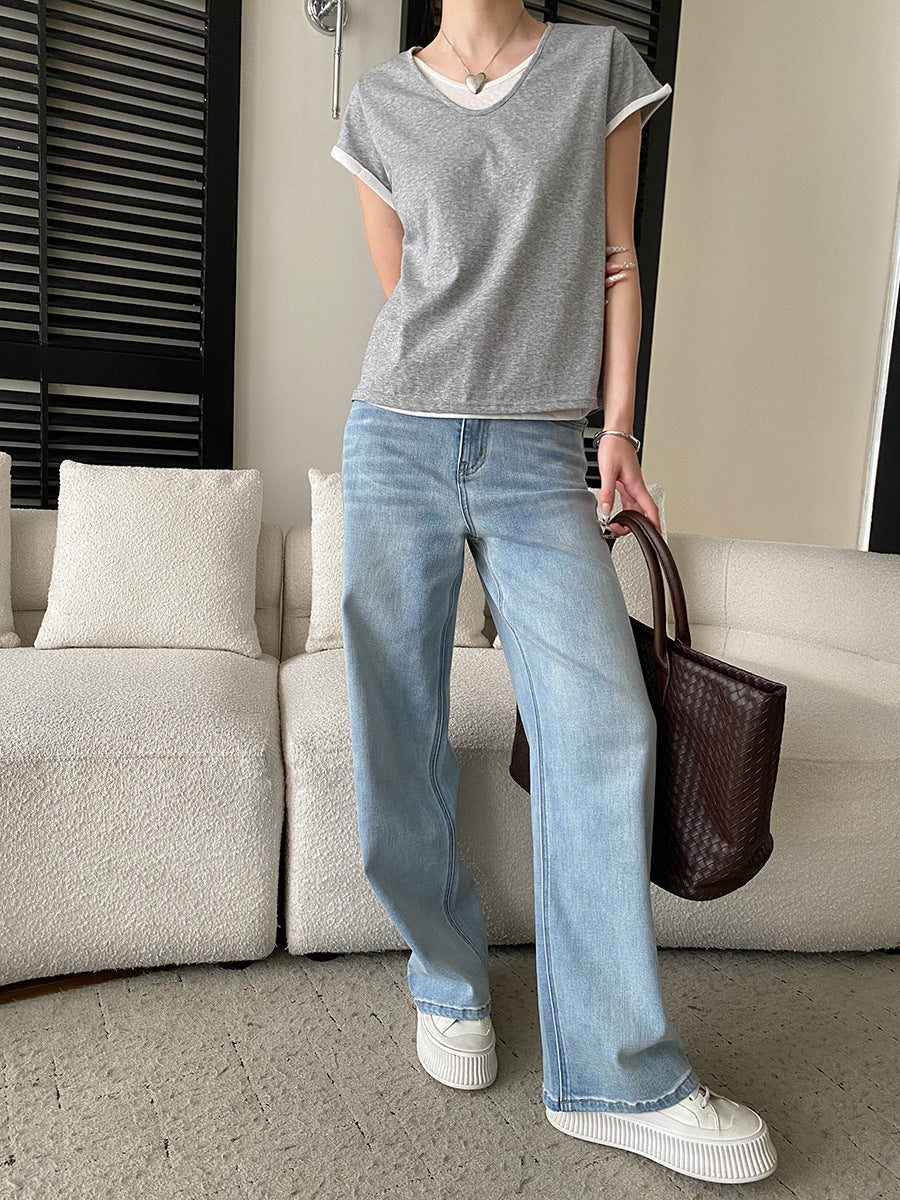V-Neck Fake Layered Bi-Color Tee — BL1016
