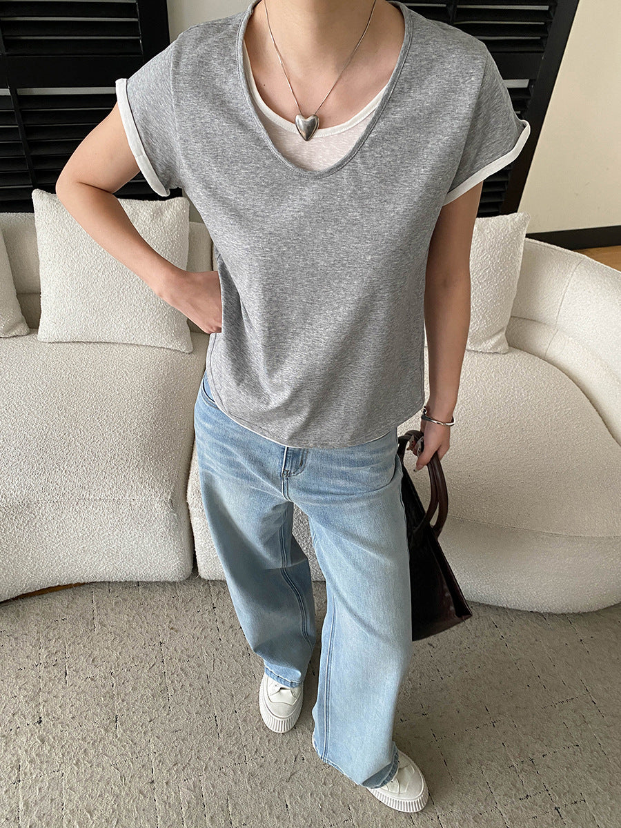 V-Neck Fake Layered Bi-Color Tee — BL1016