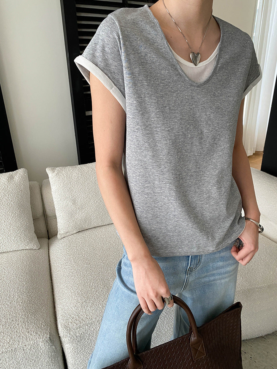 V-Neck Fake Layered Bi-Color Tee — BL1016