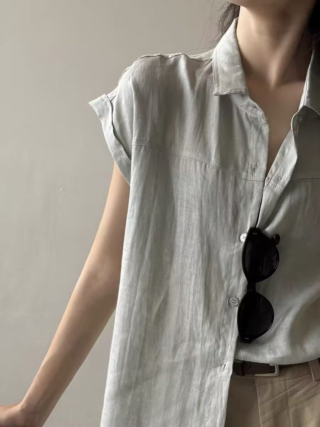 French Sleeve Sheer Linen-Touch Shirt — BL1018