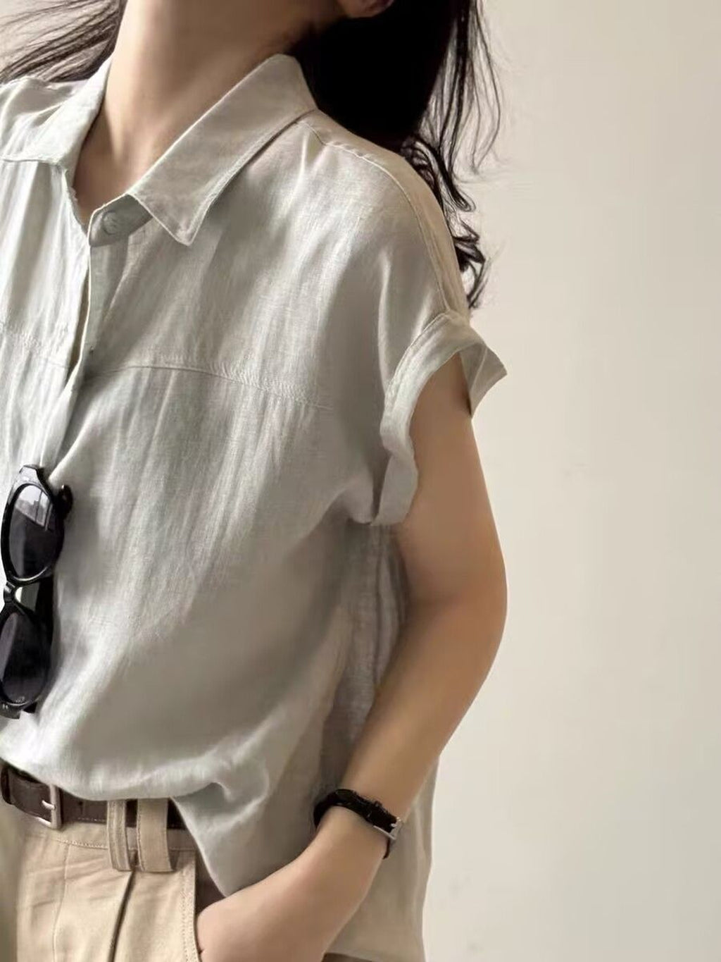 French Sleeve Sheer Linen-Touch Shirt — BL1018
