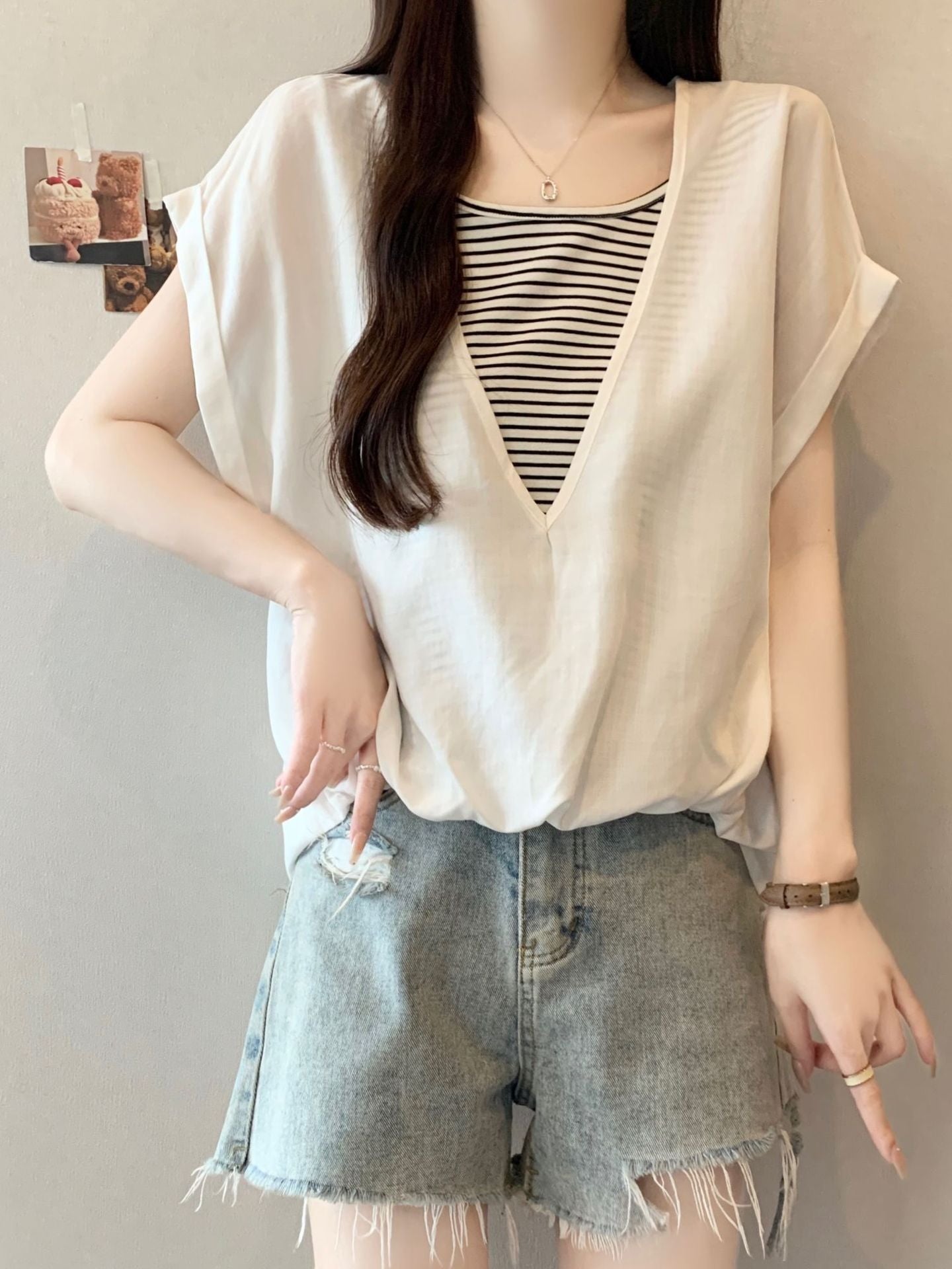 V-Neck Fake Layered Border Tee — BL1020