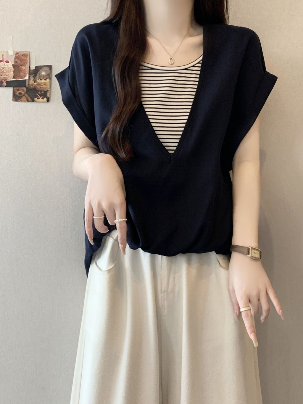 V-Neck Fake Layered Border Tee — BL1020