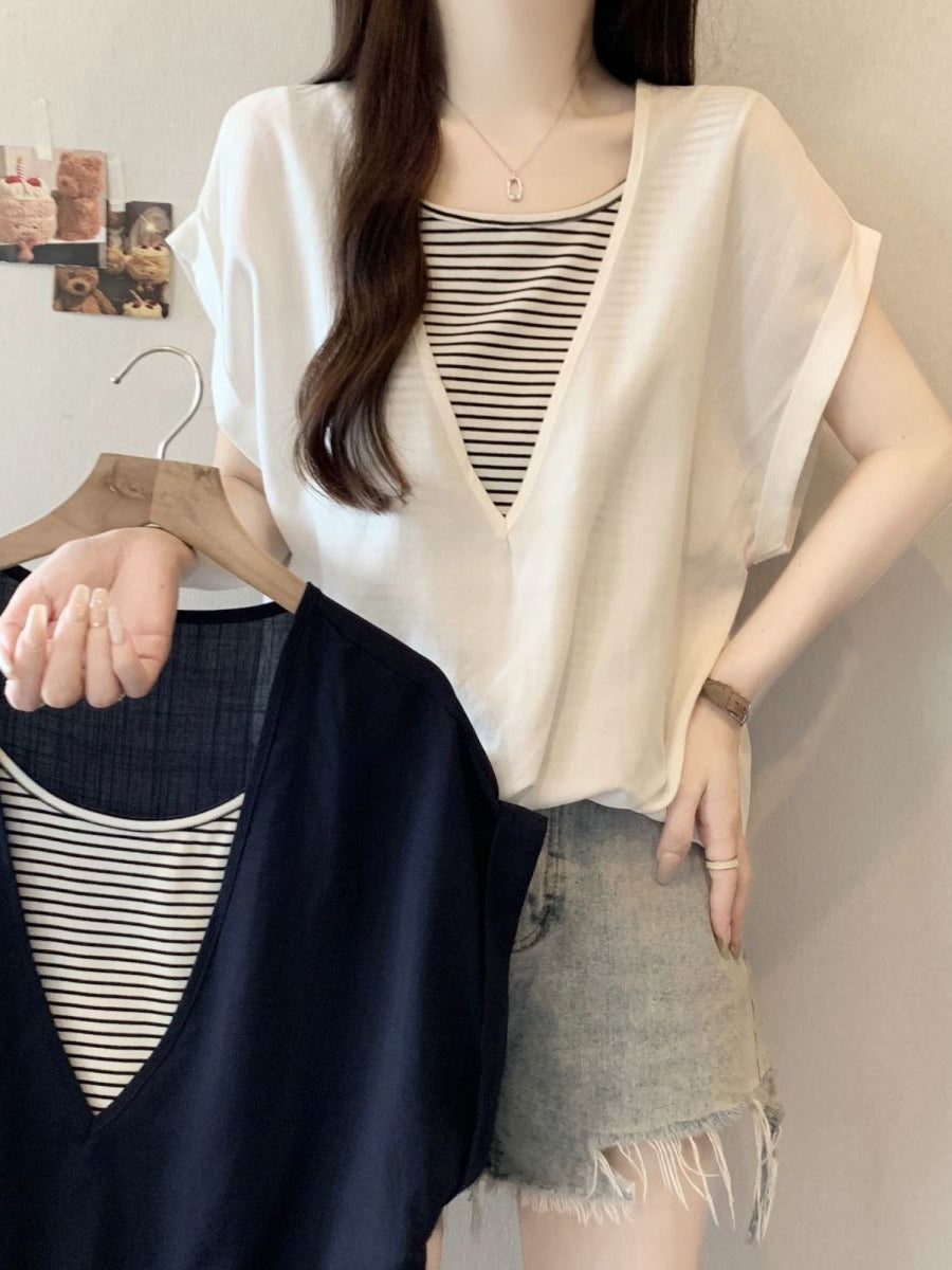 V-Neck Fake Layered Border Tee — BL1020
