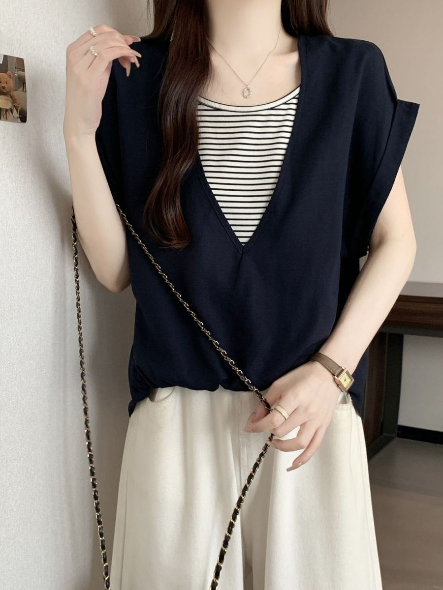 V-Neck Fake Layered Border Tee — BL1020