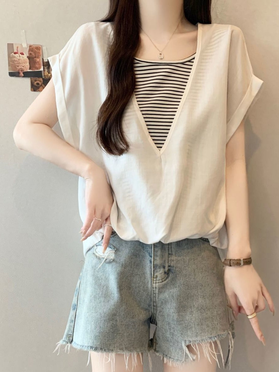 V-Neck Fake Layered Border Tee — BL1020