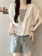 V-Neck Fake Layered Border Tee — BL1020