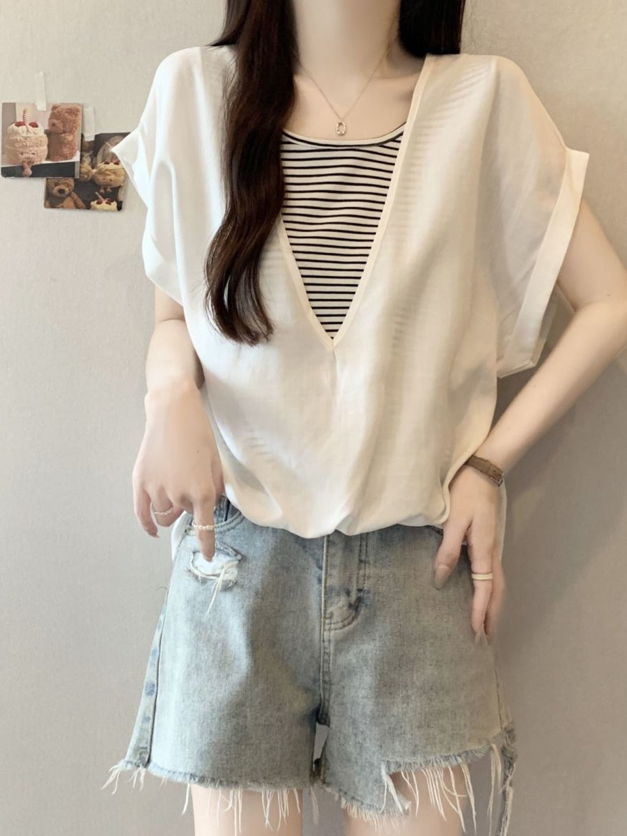 V-Neck Fake Layered Border Tee — BL1020
