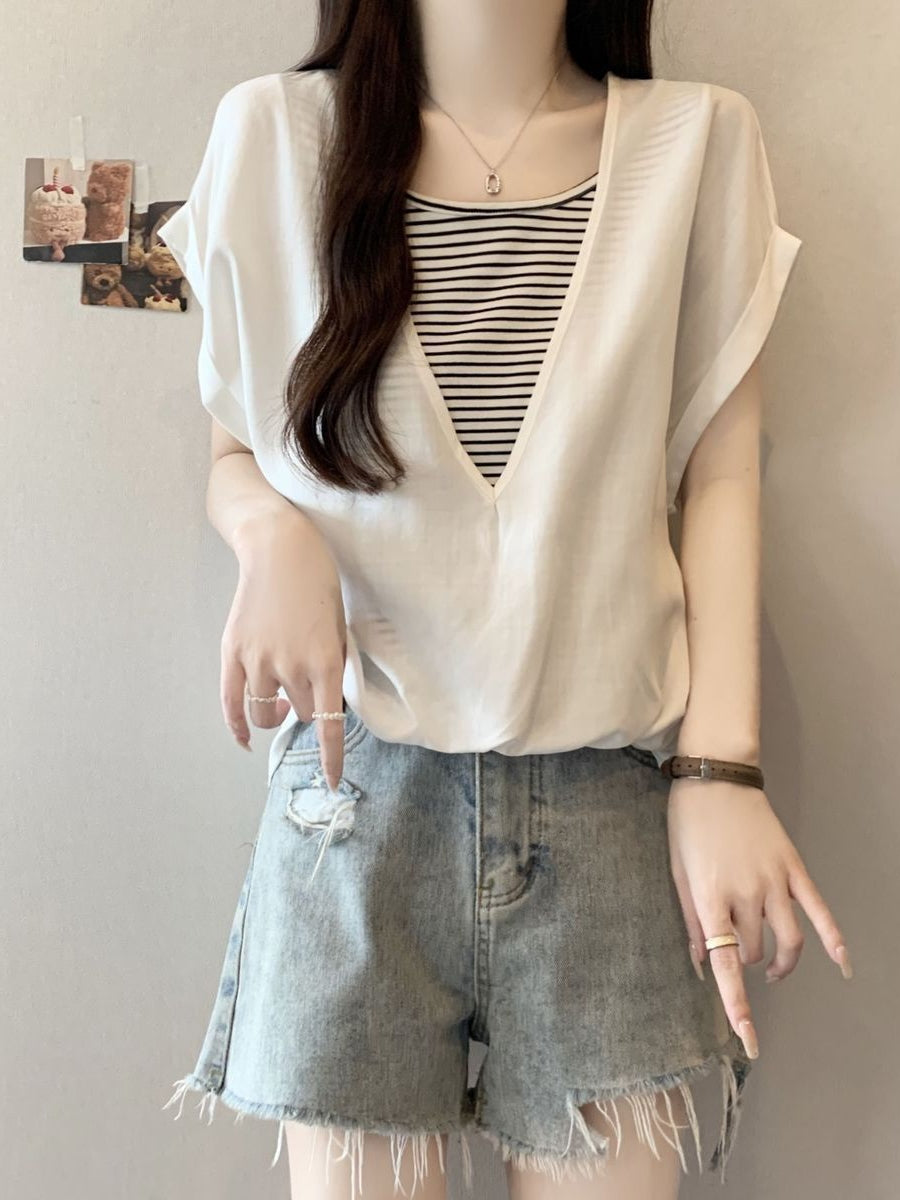 V-Neck Fake Layered Border Tee — BL1020
