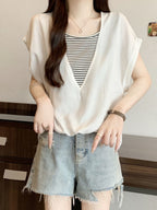 V-Neck Fake Layered Border Tee — BL1020