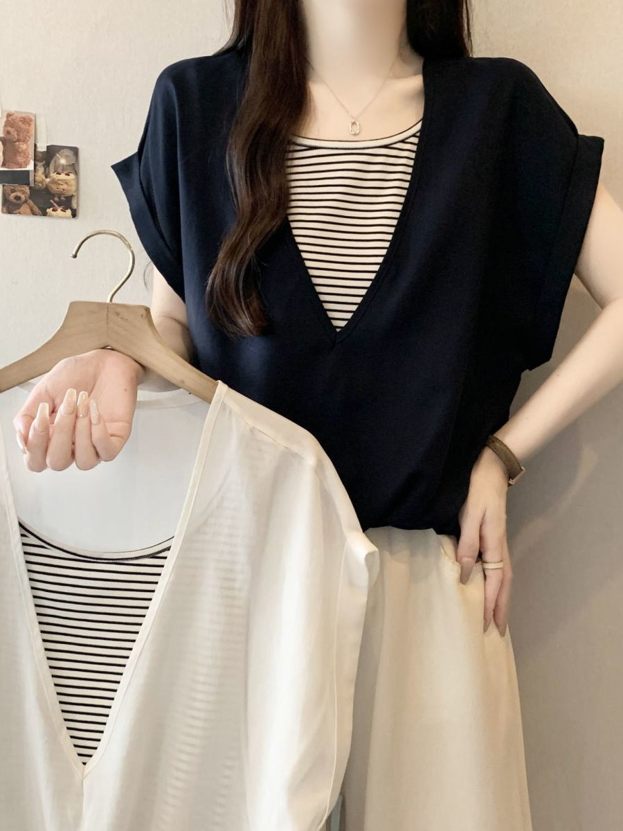 V-Neck Fake Layered Border Tee — BL1020