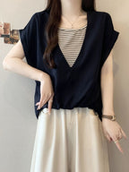 V-Neck Fake Layered Border Tee — BL1020