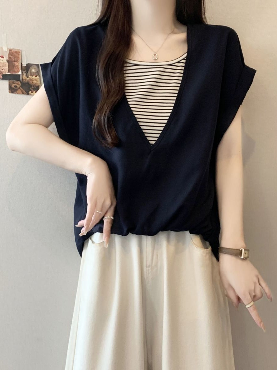 V-Neck Fake Layered Border Tee — BL1020