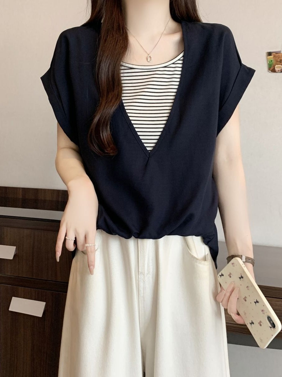 V-Neck Fake Layered Border Tee — BL1020