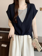 V-Neck Fake Layered Border Tee — BL1020