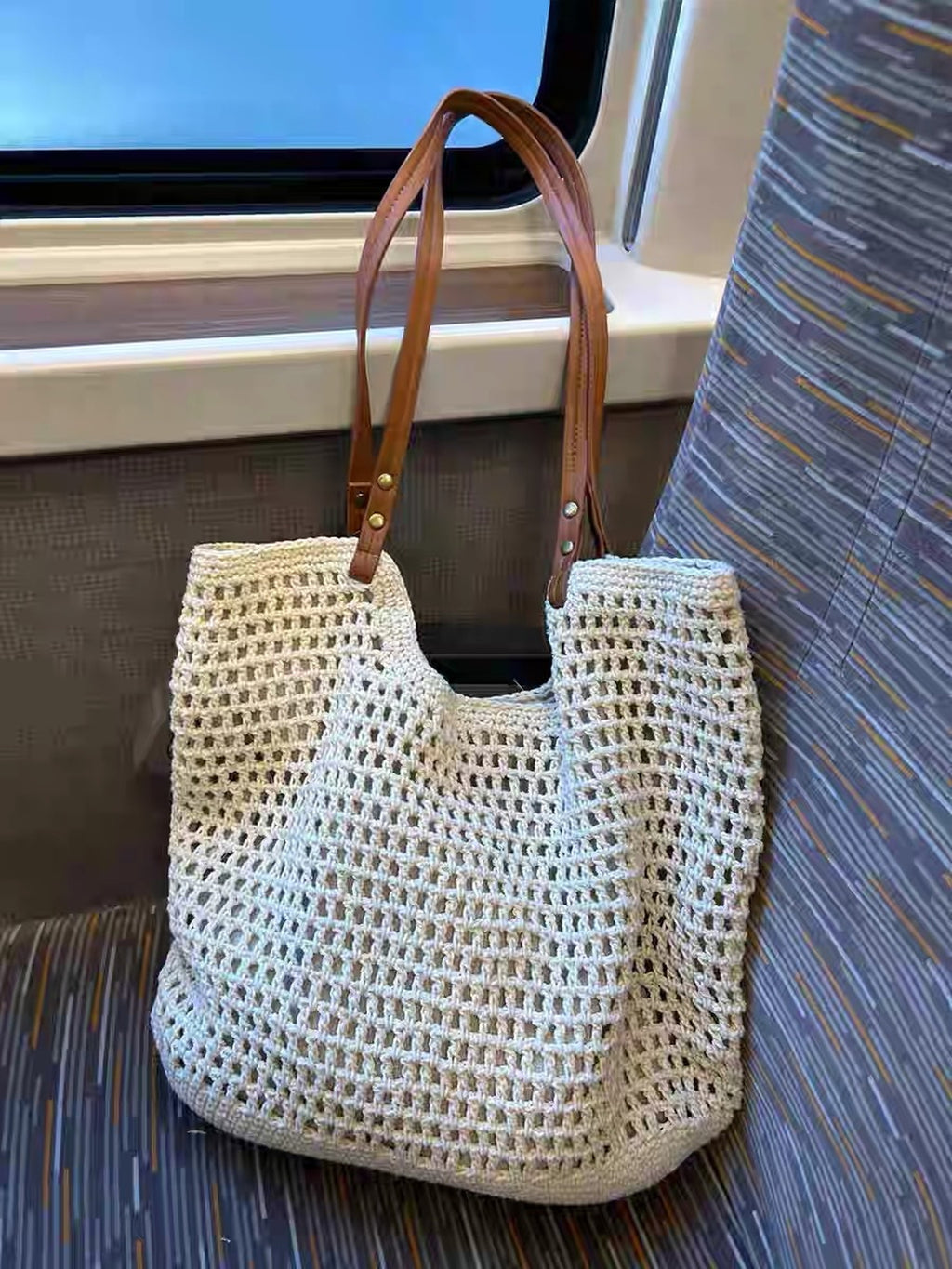Crochet Mesh Leather Handle Tote Bag — BL1021