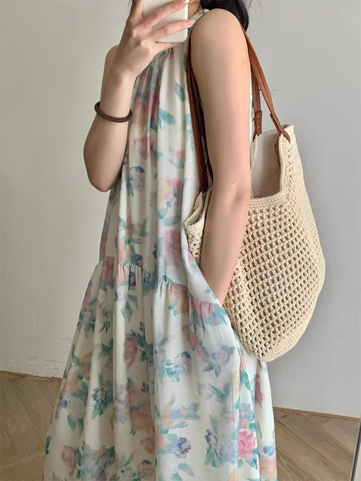 Crochet Mesh Leather Handle Tote Bag — BL1021