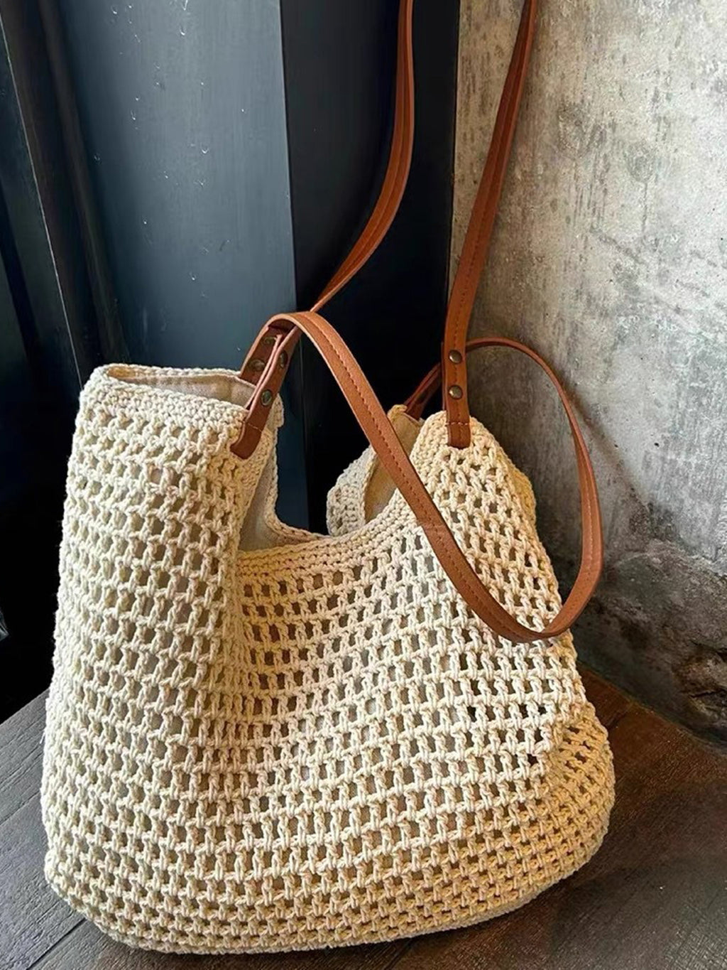 Crochet Mesh Leather Handle Tote Bag — BL1021