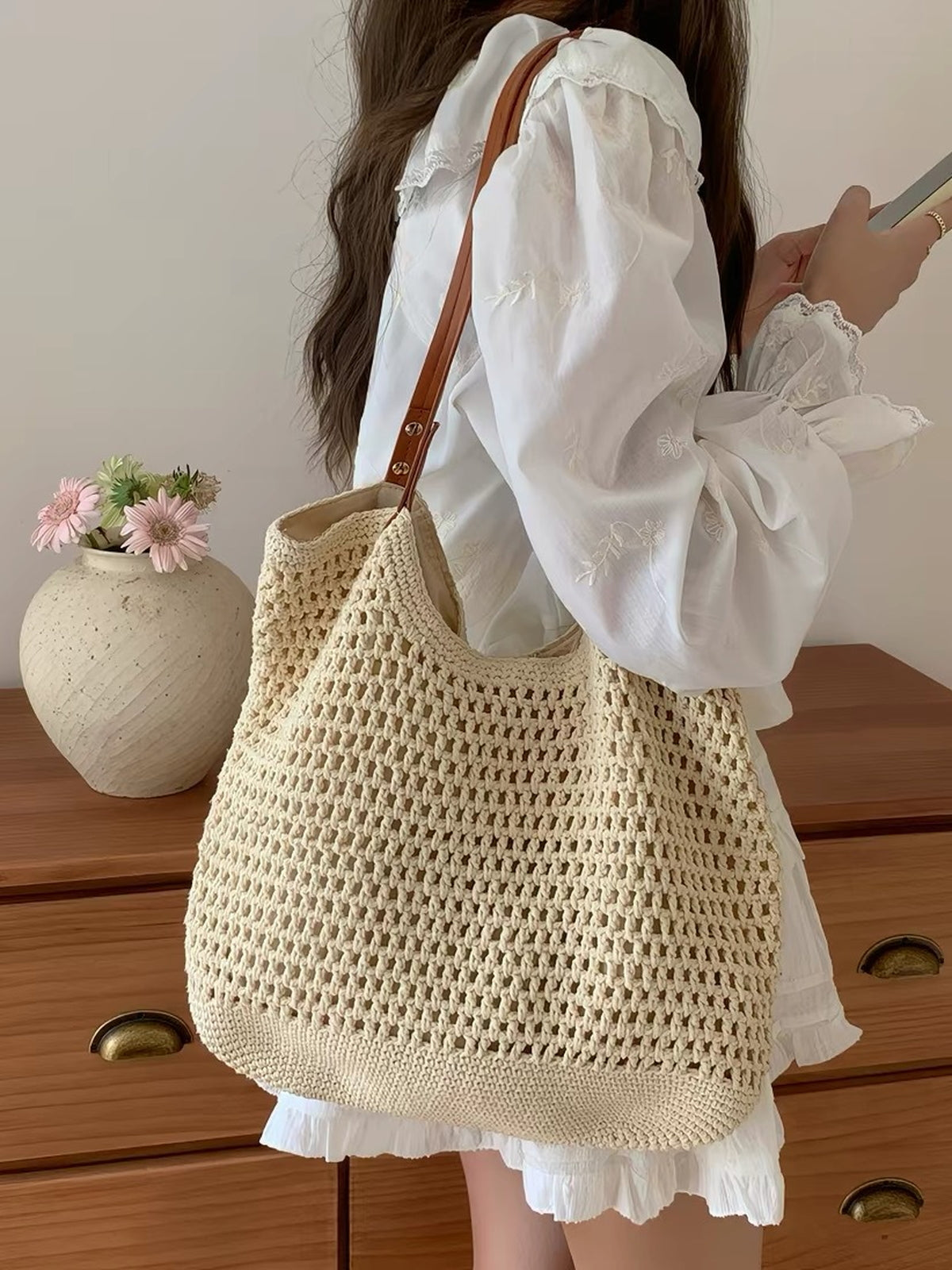 Crochet Mesh Leather Handle Tote Bag — BL1021