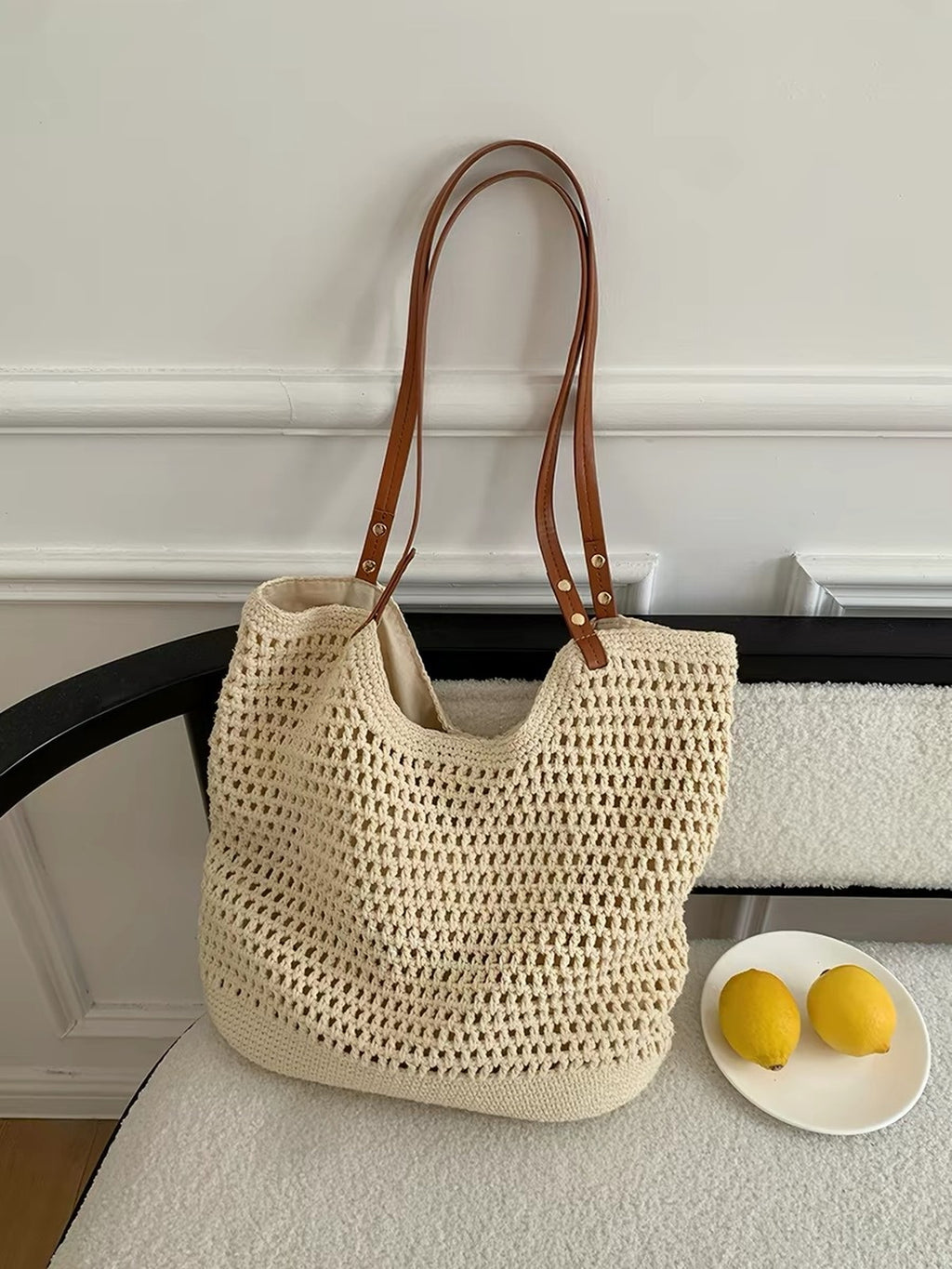 Crochet Mesh Leather Handle Tote Bag — BL1021