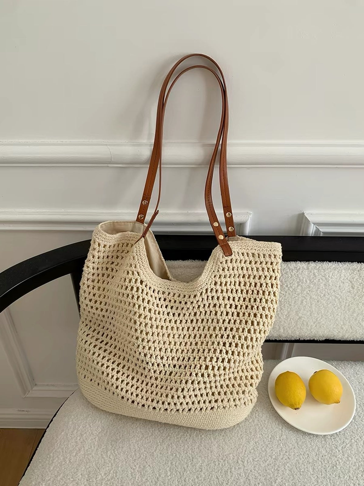 Crochet Mesh Leather Handle Tote Bag — BL1021