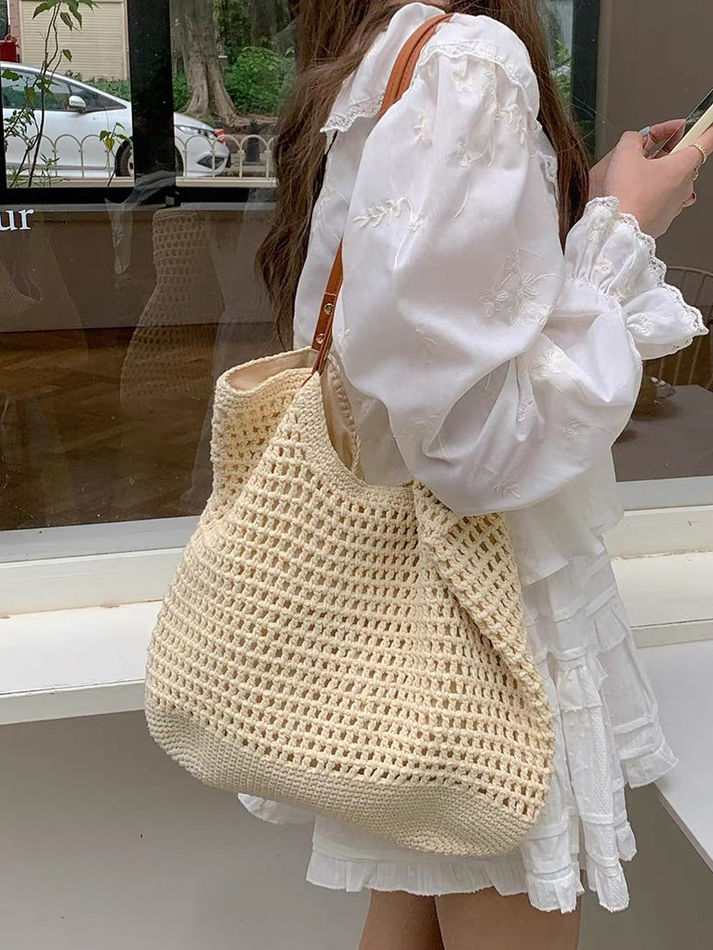 Crochet Mesh Leather Handle Tote Bag — BL1021