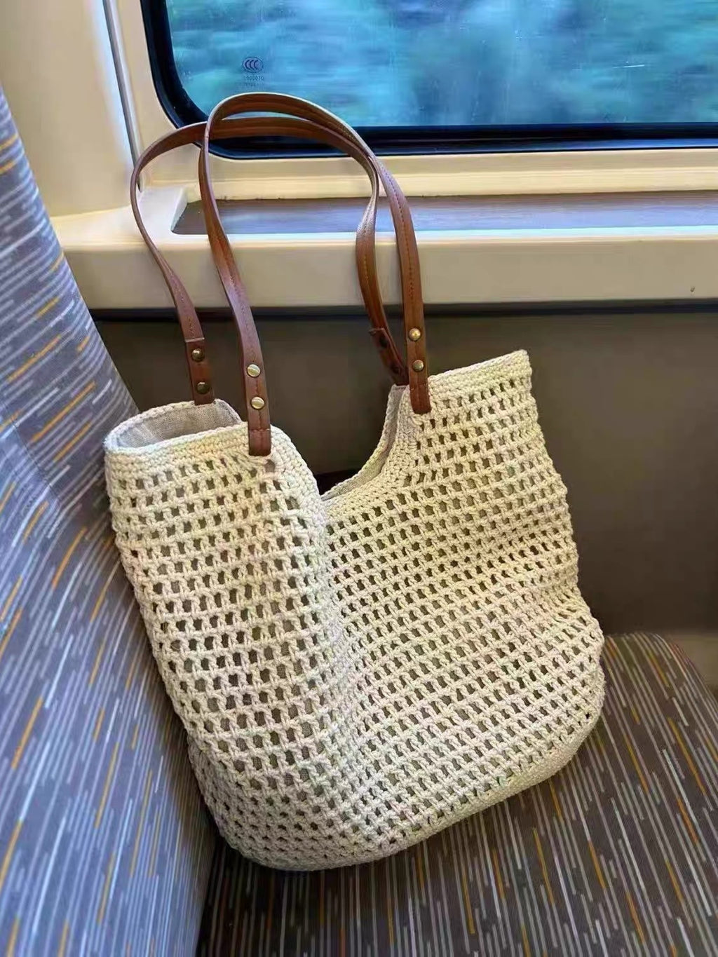Crochet Mesh Leather Handle Tote Bag — BL1021