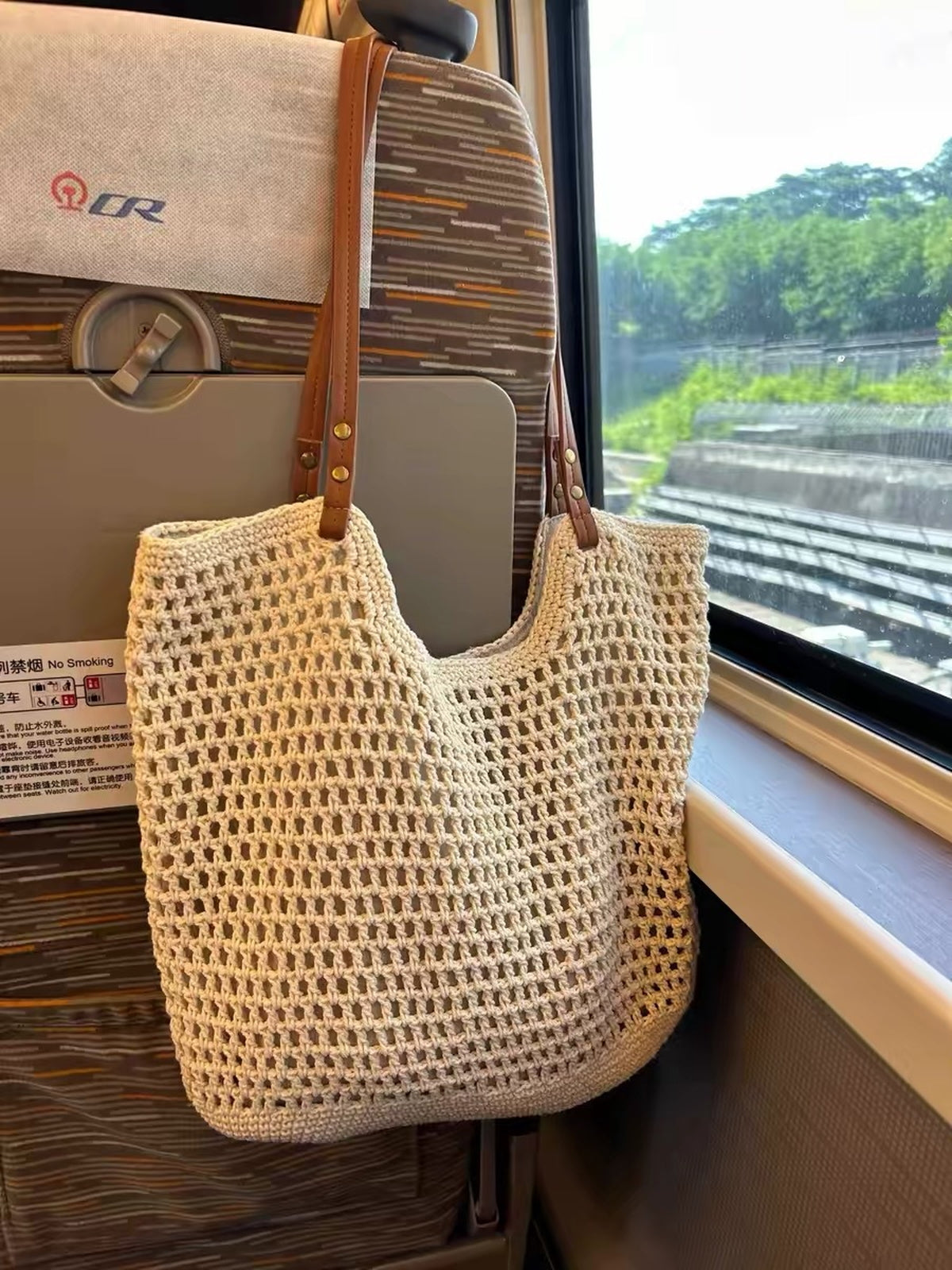 Crochet Mesh Leather Handle Tote Bag — BL1021