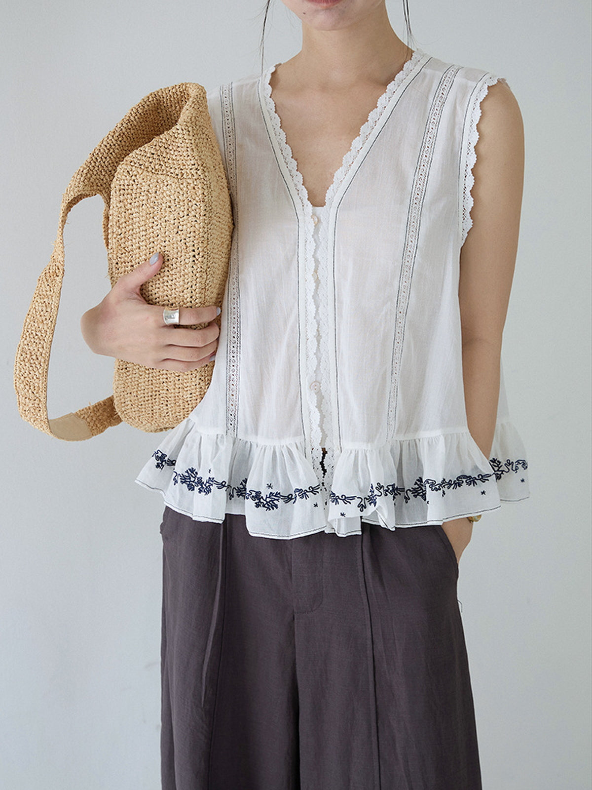 Lace Tape Embroidered Frill Blouse — BL1022