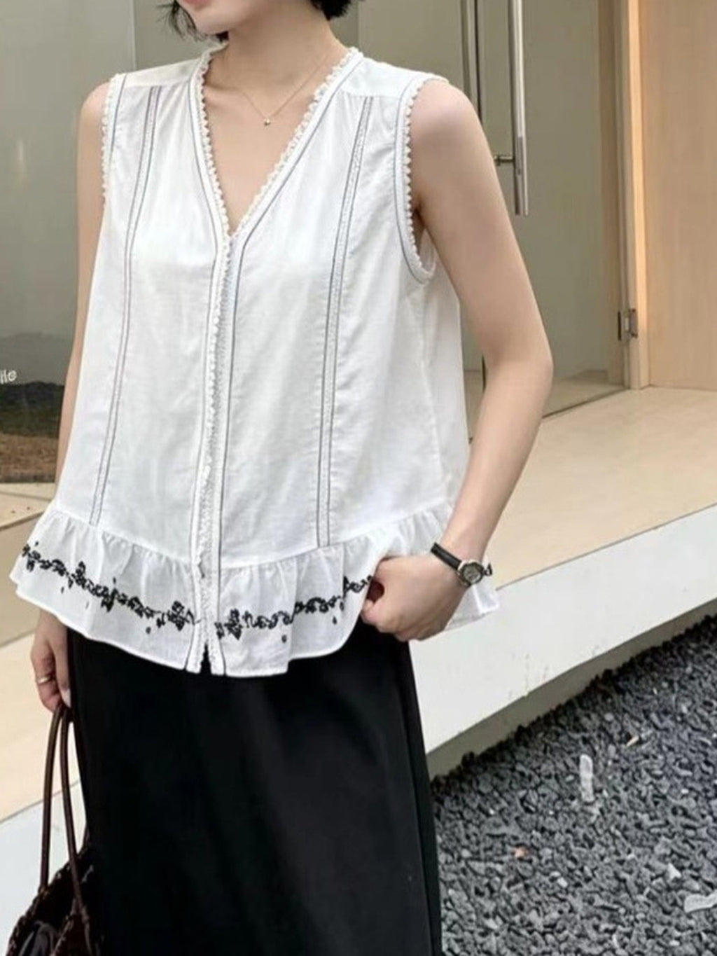 Lace Tape Embroidered Frill Blouse — BL1022