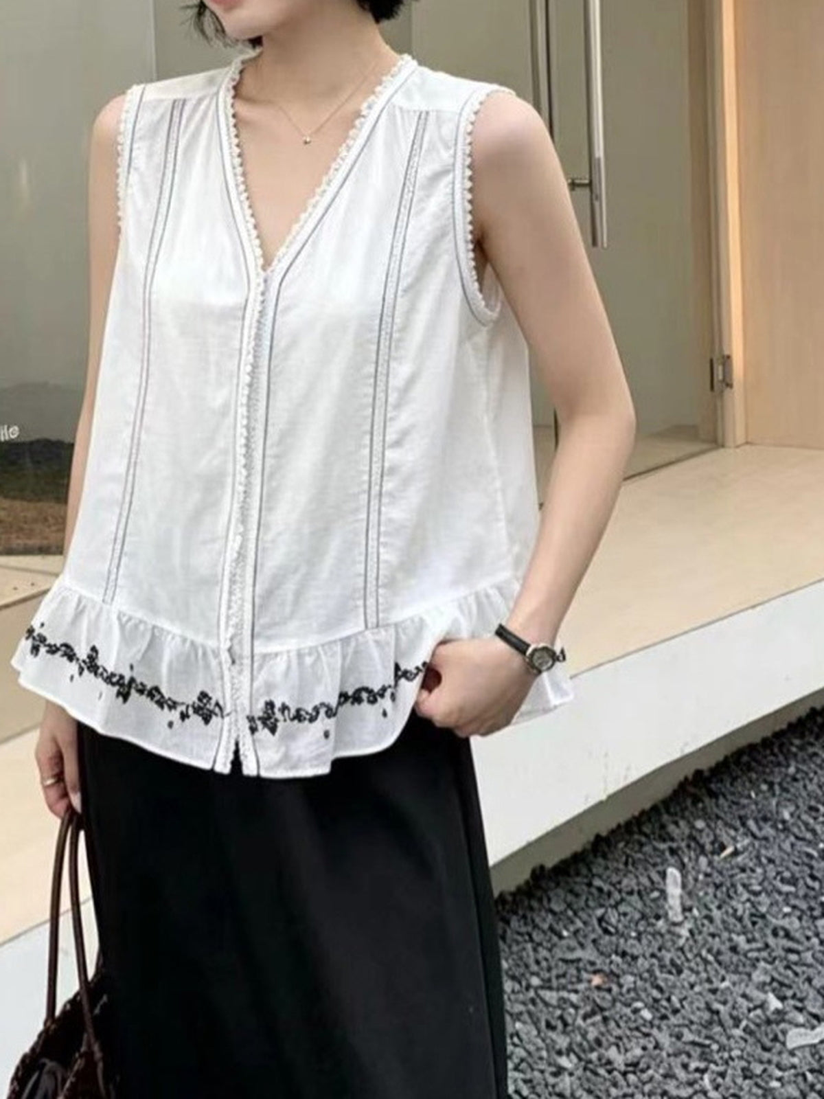 Lace Tape Embroidered Frill Blouse — BL1022