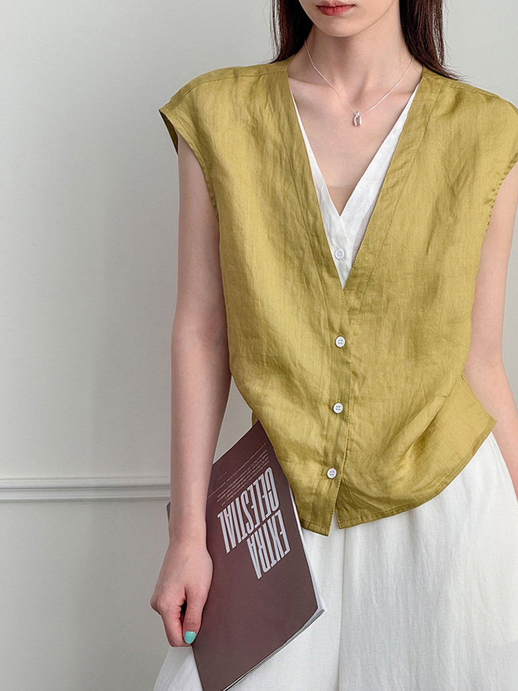 Pure Ramie V-Neck Layered Vest — BL1023