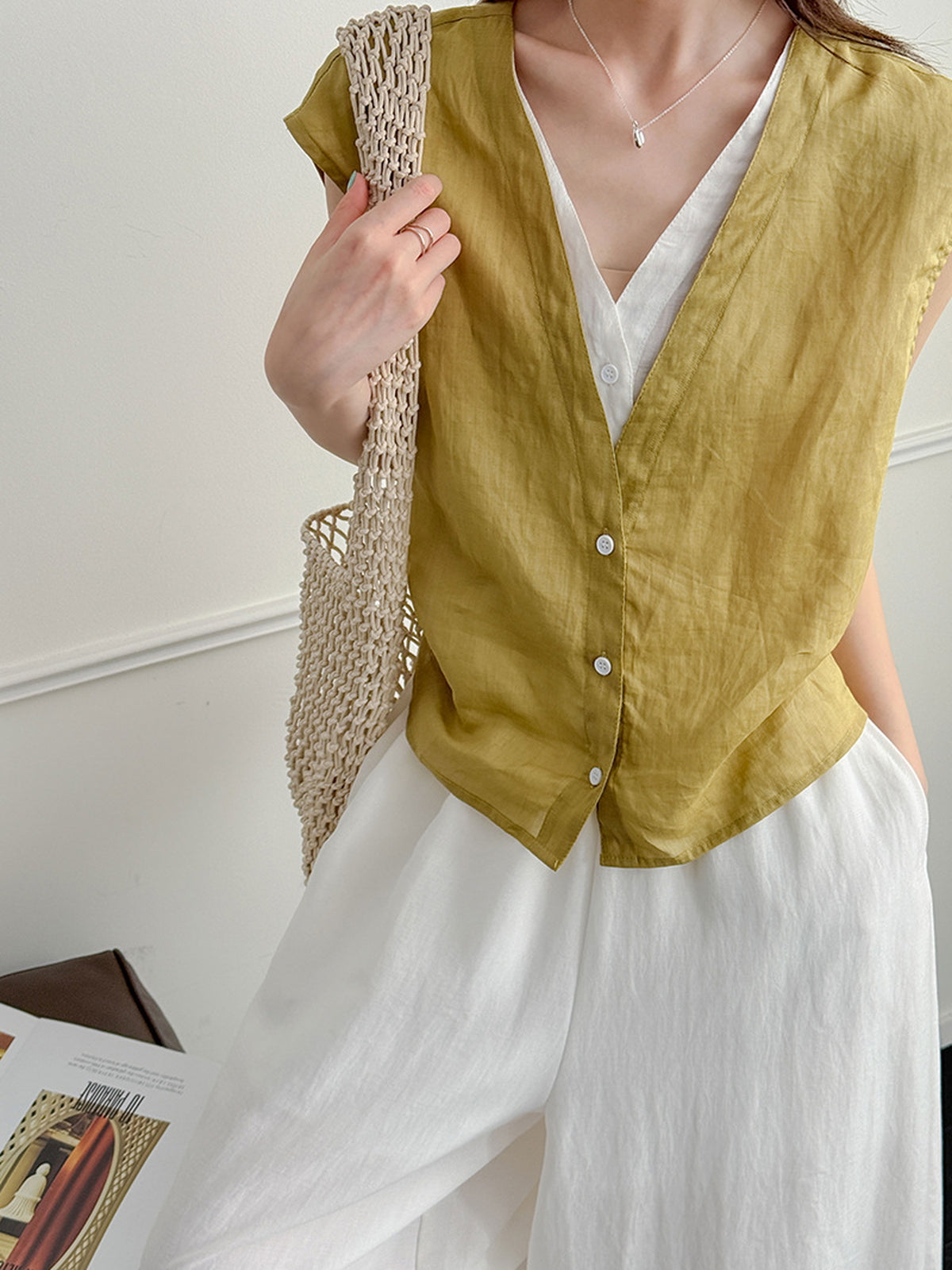 Pure Ramie V-Neck Layered Vest — BL1023