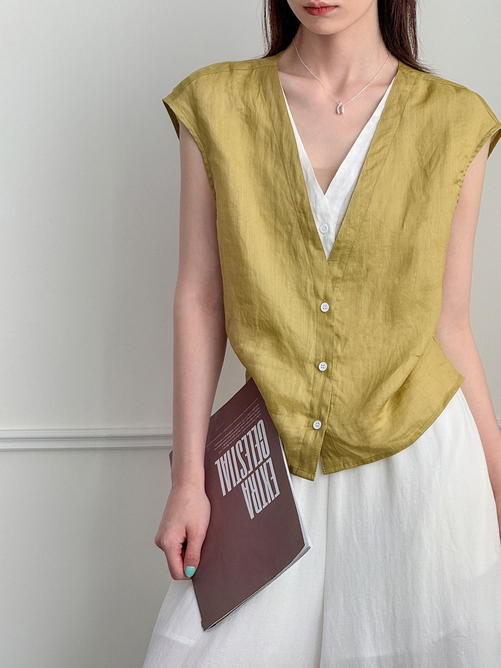 Pure Ramie V-Neck Layered Vest — BL1023