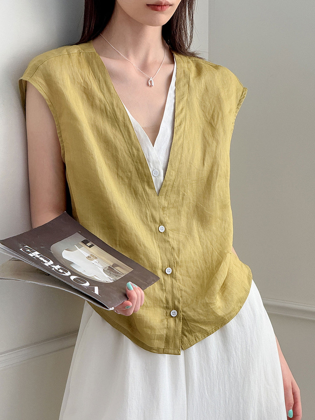 Pure Ramie V-Neck Layered Vest — BL1023