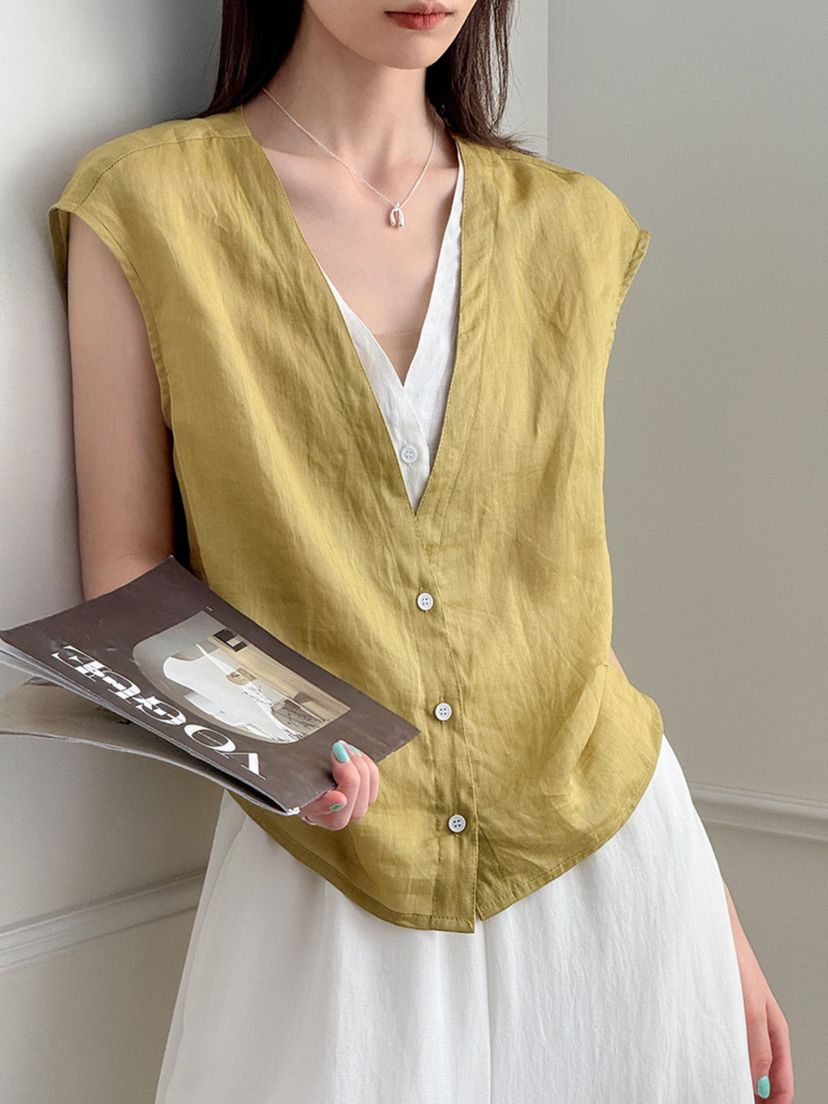 Pure Ramie V-Neck Layered Vest — BL1023