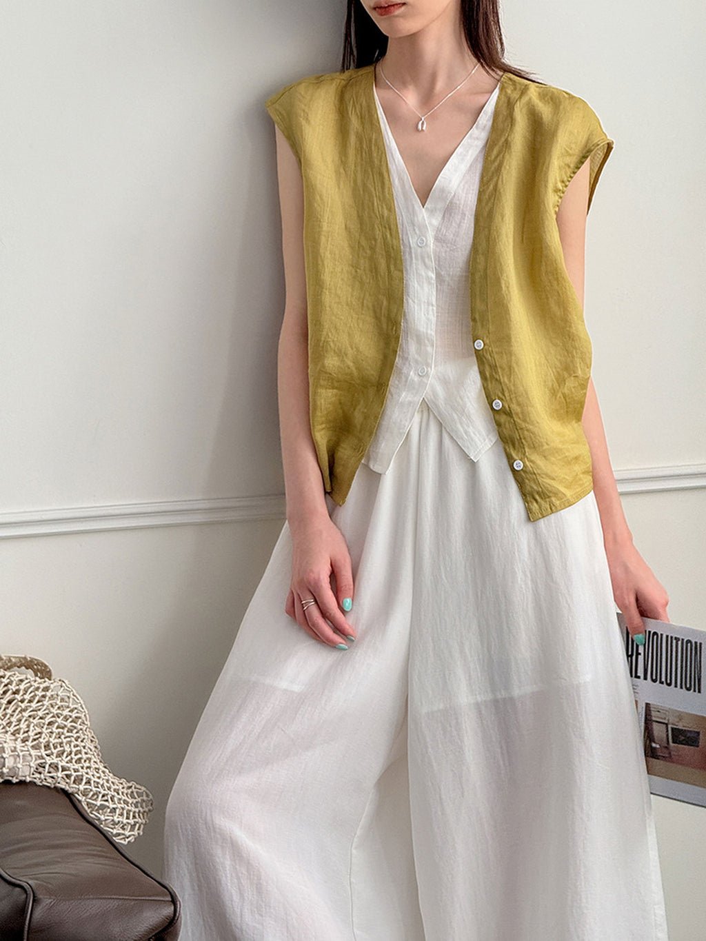 Pure Ramie V-Neck Layered Vest — BL1023