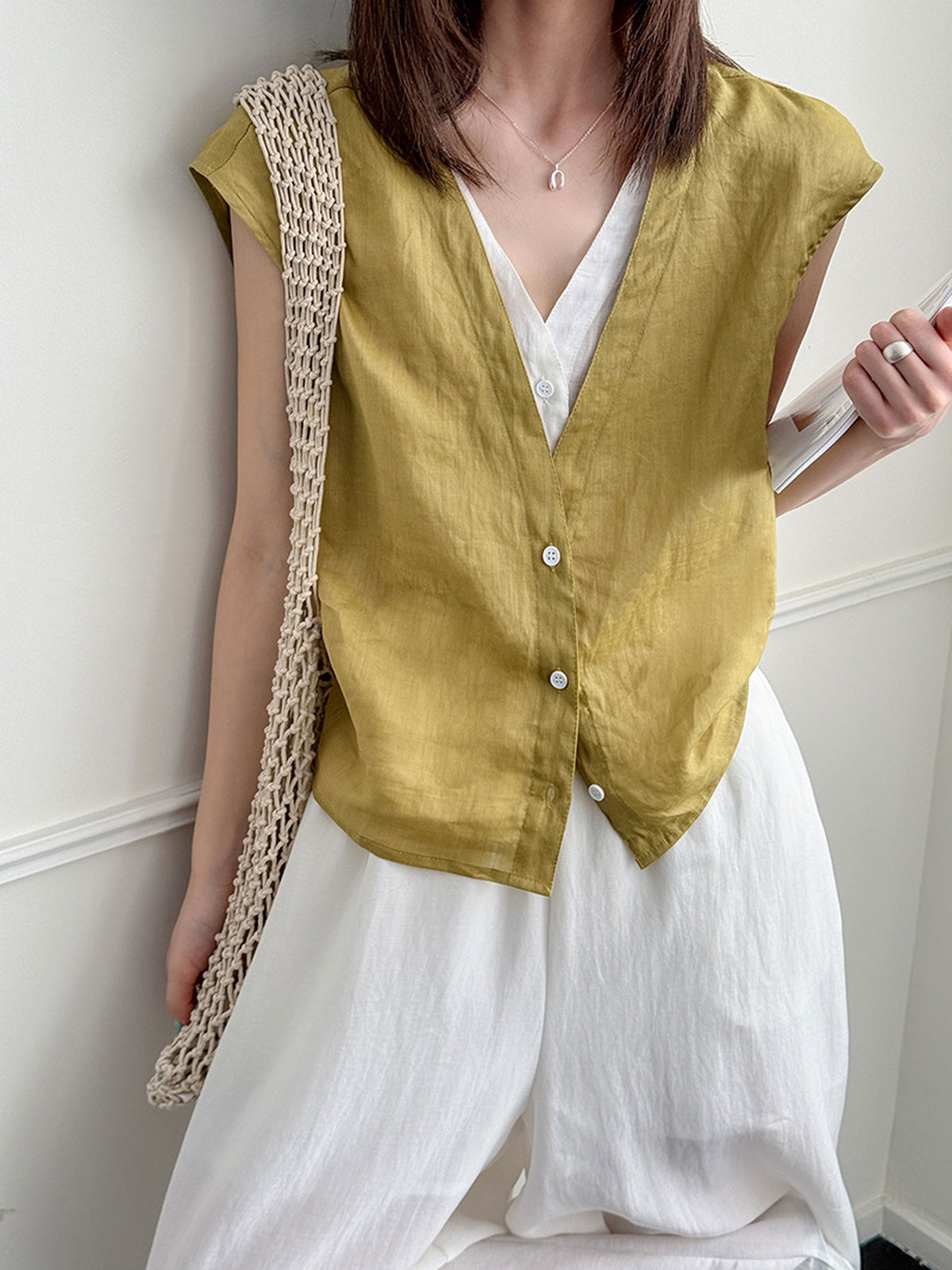 Pure Ramie V-Neck Layered Vest — BL1023