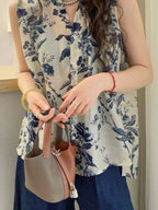 Retro Flower Print V-Neck Vest Blouse — BL1034