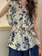 Retro Flower Print V-Neck Vest Blouse — BL1034