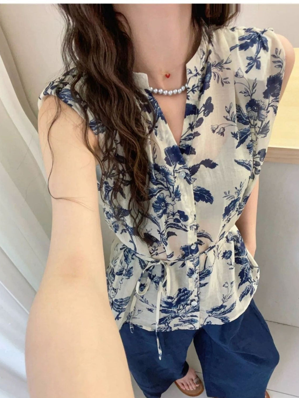 Retro Flower Print V-Neck Vest Blouse — BL1034