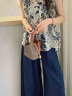 Retro Flower Print V-Neck Vest Blouse — BL1034