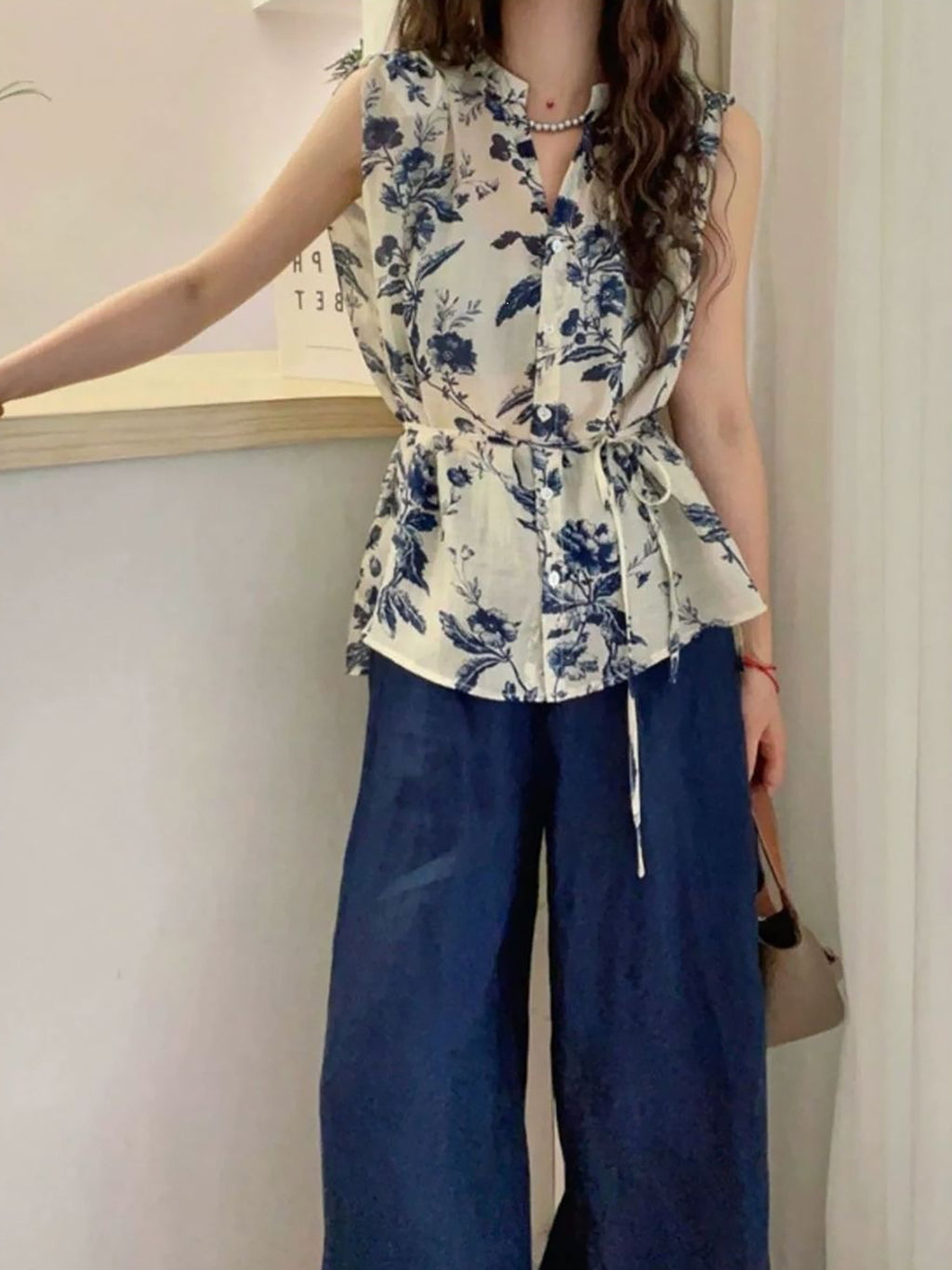 Retro Flower Print V-Neck Vest Blouse — BL1034