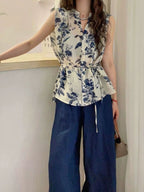 Retro Flower Print V-Neck Vest Blouse — BL1034