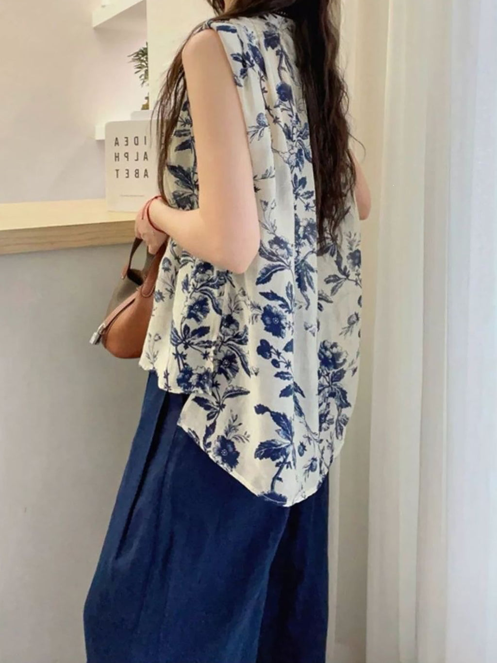 Retro Flower Print V-Neck Vest Blouse — BL1034