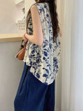 Retro Flower Print V-Neck Vest Blouse — BL1034