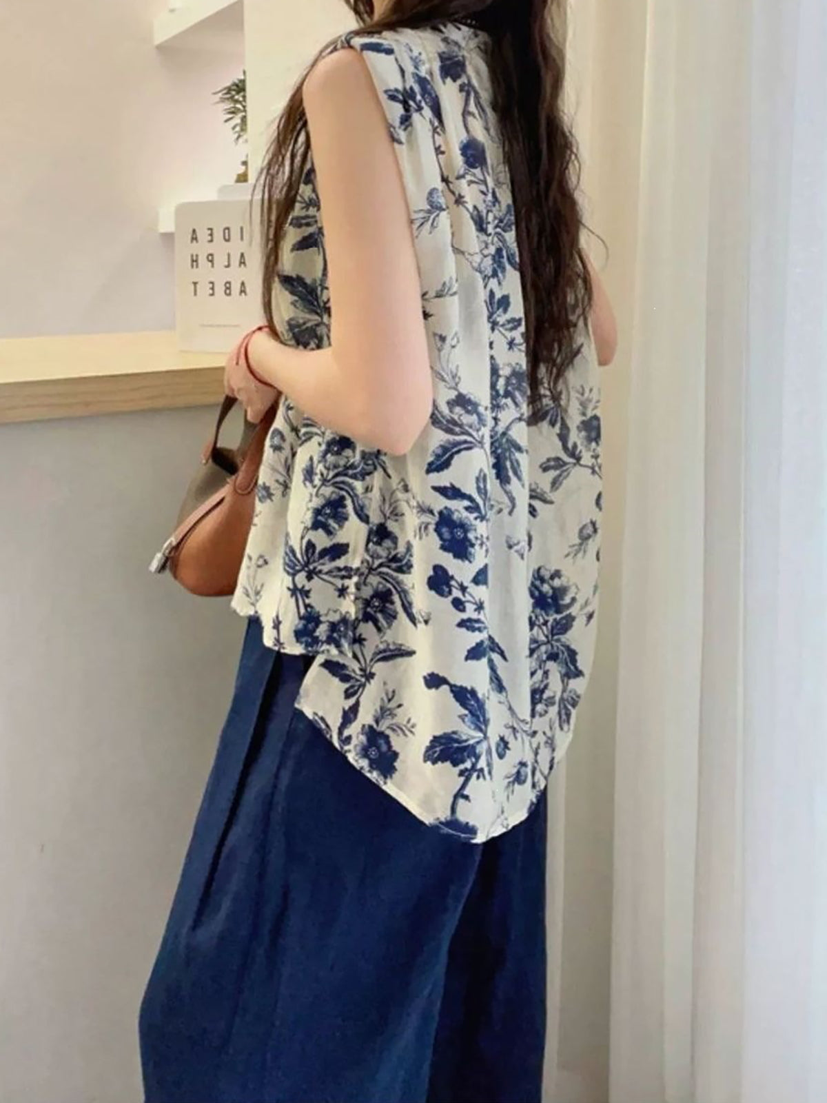 Retro Flower Print V-Neck Vest Blouse — BL1034