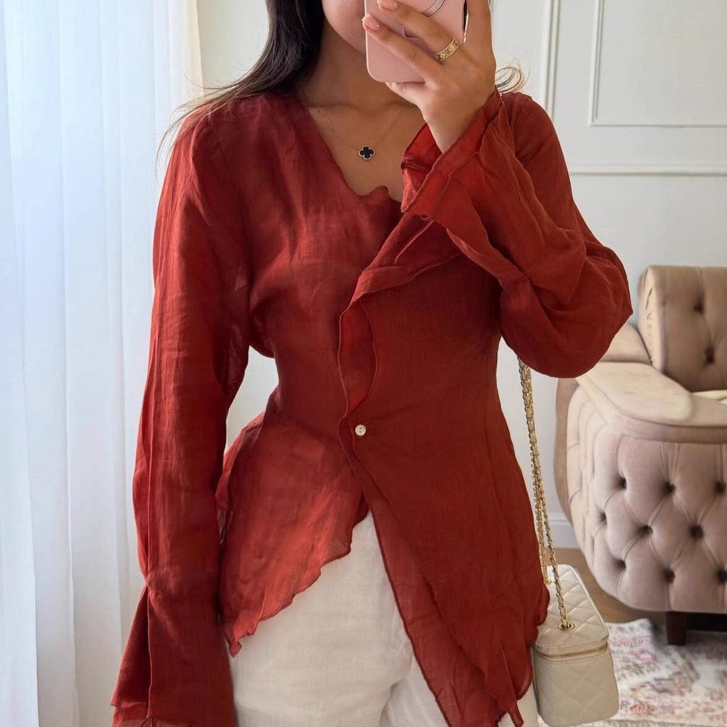 Linen Blend Asymmetric Wrap Blouse — BL1036