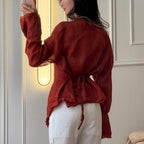 Linen Blend Asymmetric Wrap Blouse — BL1036